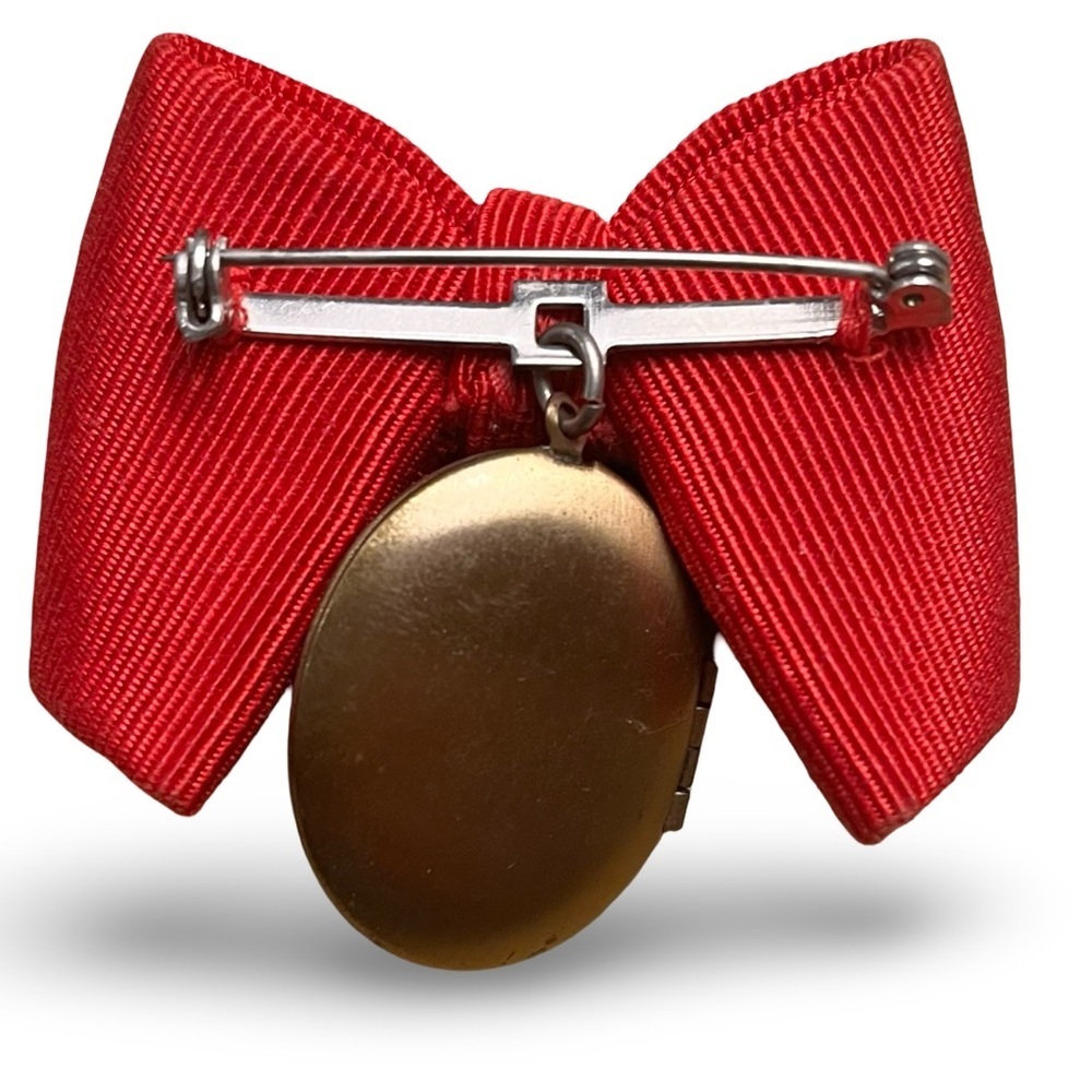 Vintage 80s Red Grosgrain Ribbon Brooch with “J” Engraved Locket - Picture 3 of 4